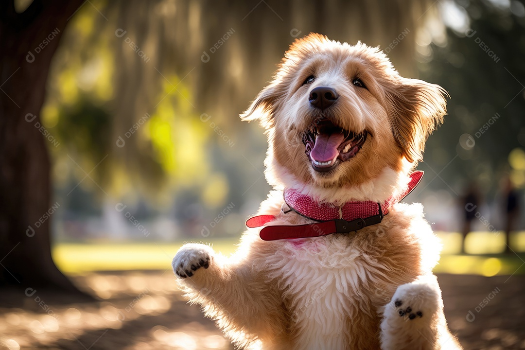 Um cão bonito da raça Golden Retriever com uma pata levantada em uma praia deserta. Ele está usando uma bandana azul em volta do pescoço e tem uma expressão serena no rosto. Ao fundo, você pode ver o oceano e o céu azul. IA generativa