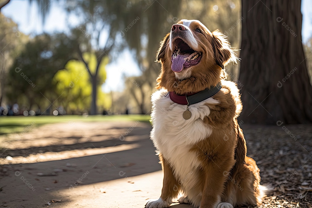 Um cachorro fofo de tamanho médio com a pata para cima em um parque ensolarado. Ele está usando uma coleira vermelha e tem uma expressão feliz no rosto. Ao fundo, é possível ver árvores e algumas pessoas caminhando. IA generativa