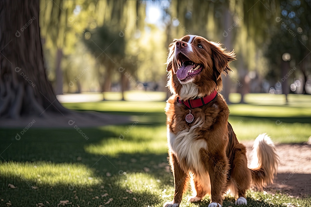 Um cachorro fofo de tamanho médio com a pata para cima em um parque ensolarado. Ele está usando uma coleira vermelha e tem uma expressão feliz no rosto. Ao fundo, é possível ver árvores e algumas pessoas caminhando. IA generativa