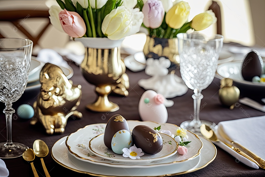Uma mesa de jantar decorada para a Páscoa, com pratos de porcelana, talheres dourados e copos de cristal. No centro da mesa, um arranjo de flores brancas e amarelas, rodeadas por ovos de chocolate coloridos e coelhinhos de chocolate