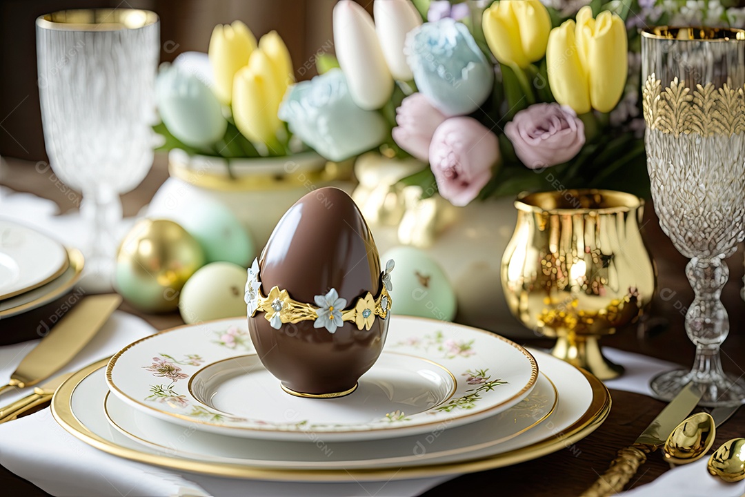 Uma mesa de jantar decorada para a Páscoa, com pratos de porcelana, talheres dourados e copos de cristal. No centro da mesa, um arranjo de flores brancas e amarelas, rodeadas por ovos de chocolate coloridos e coelhinhos de chocolate. IA generativa