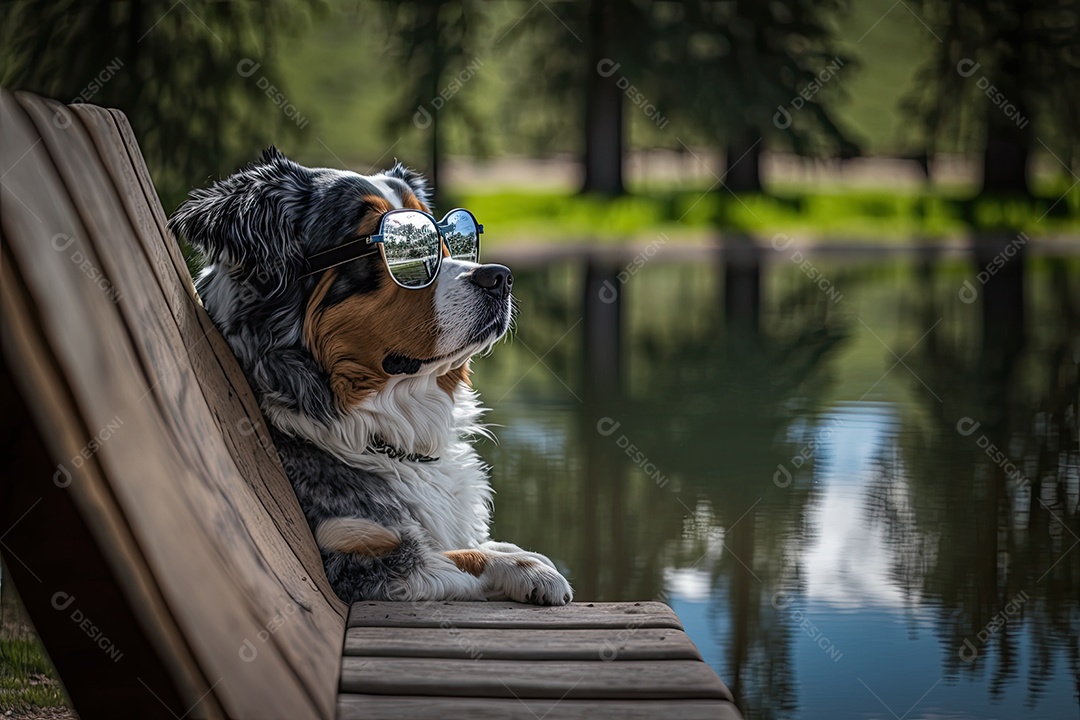 Um cachorro está parado em um jardim, usando um par de óculos de sol Oakley envolventes. O cão parece estar observando algo atentamente, mantendo sua postura ereta