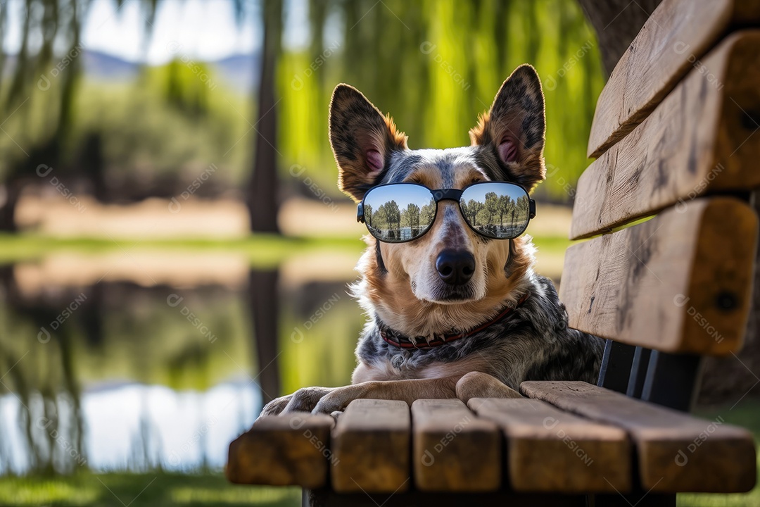Um cachorro está parado em um jardim, usando um par de óculos de sol Oakley envolventes. O cão parece estar observando algo atentamente, mantendo sua postura ereta
