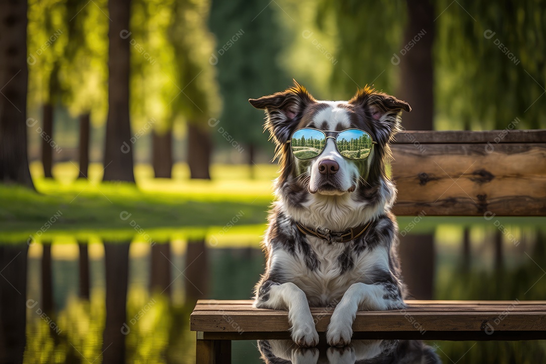 Um cachorro está parado em um jardim, usando um par de óculos de sol Oakley envolventes. O cão parece estar observando algo atentamente, mantendo sua postura ereta