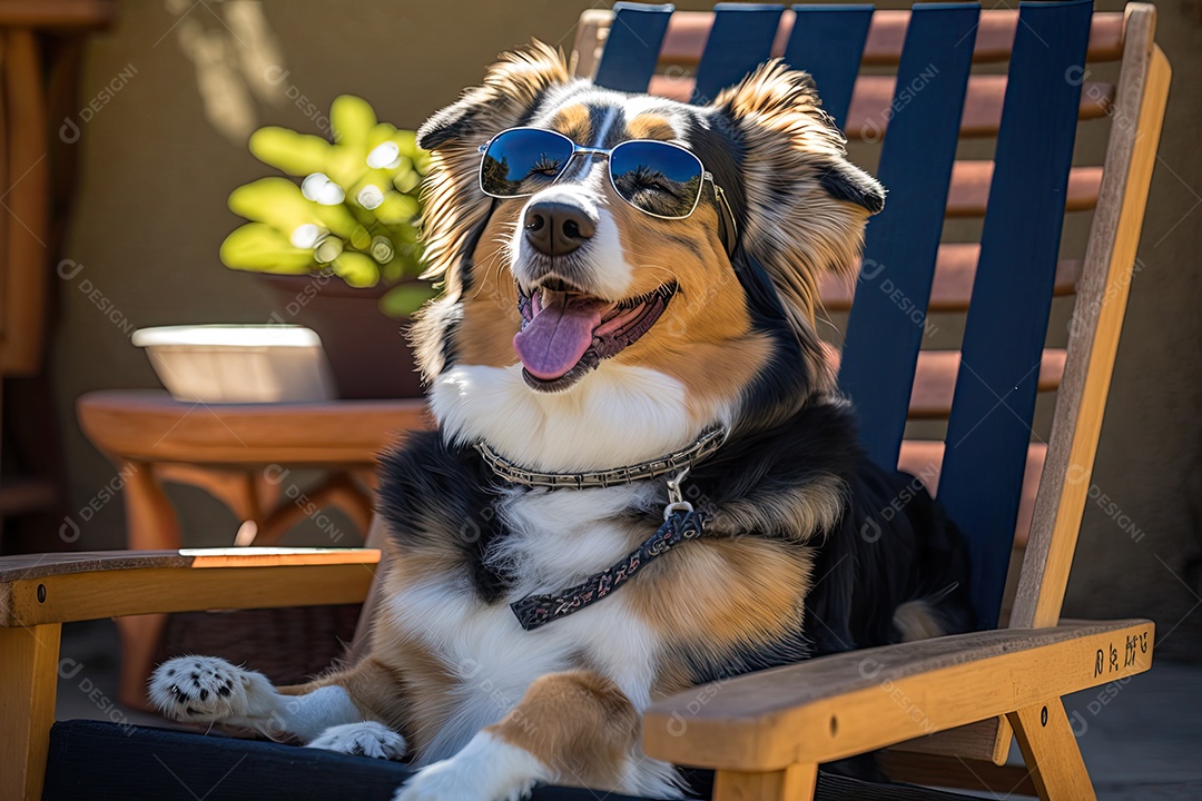 Um cachorro está parado em um jardim, usando um par de óculos de sol Oakley envolventes. O cão parece estar observando algo atentamente, mantendo sua postura ereta