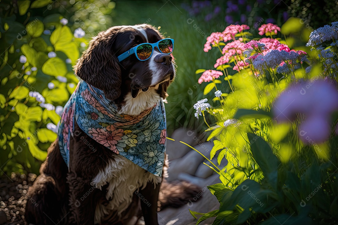 Um cachorro está parado em um jardim, usando um par de óculos de sol Oakley envolventes. O cão parece estar observando algo atentamente, mantendo sua postura ereta