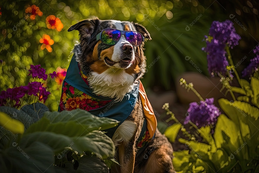 Um cachorro está parado em um jardim, usando um par de óculos de sol Oakley envolventes. O cão parece estar observando algo atentamente, mantendo sua postura ereta. O jardim exuberante e colorido dá uma sensação de alegria e energia. IA generativa