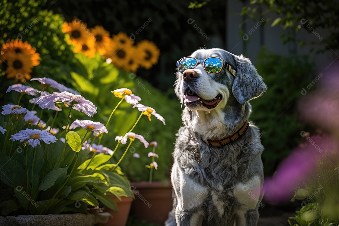 Um cachorro está parado em um jardim, usando um par de óculos de sol Oakley envolventes. O cão parece estar observando algo atentamente, mantendo sua postura ereta. O jardim exuberante e colorido dá uma sensação de alegria e energia