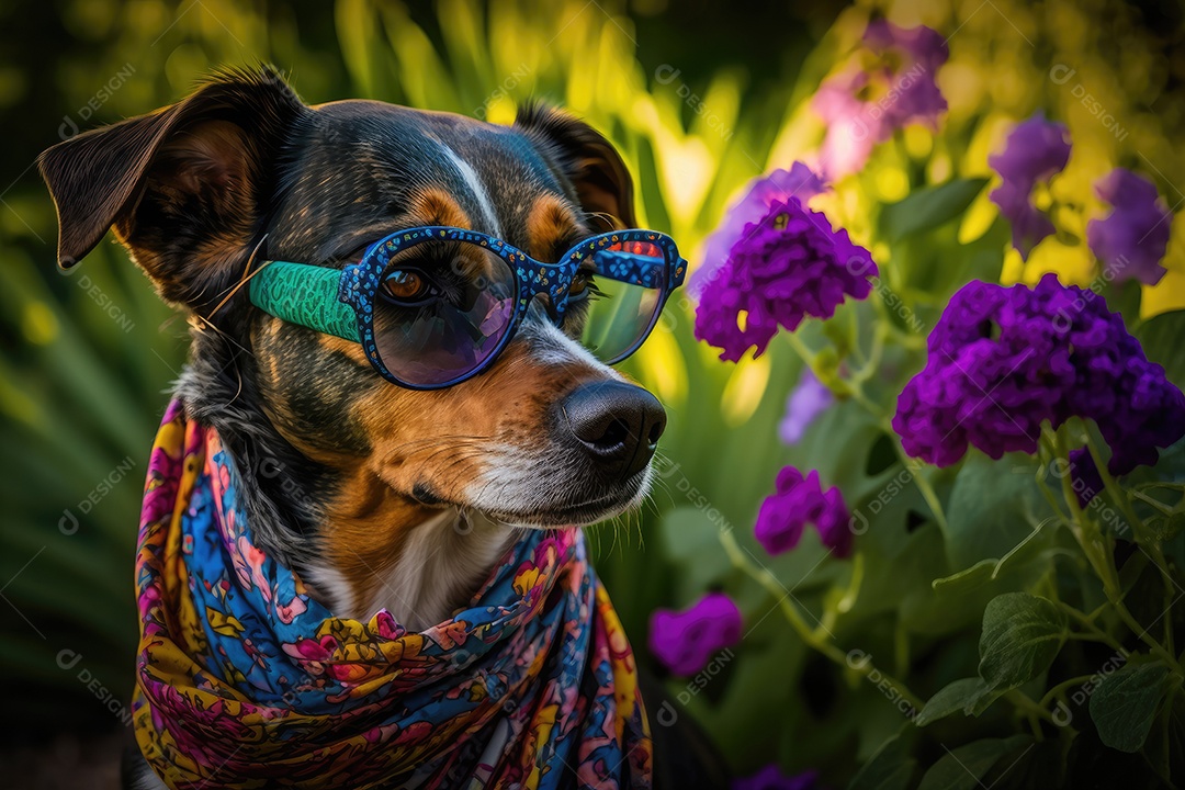 Um cachorro está parado em um jardim, usando um par de óculos de sol Oakley envolventes. O cão parece estar observando algo atentamente, mantendo sua postura ereta