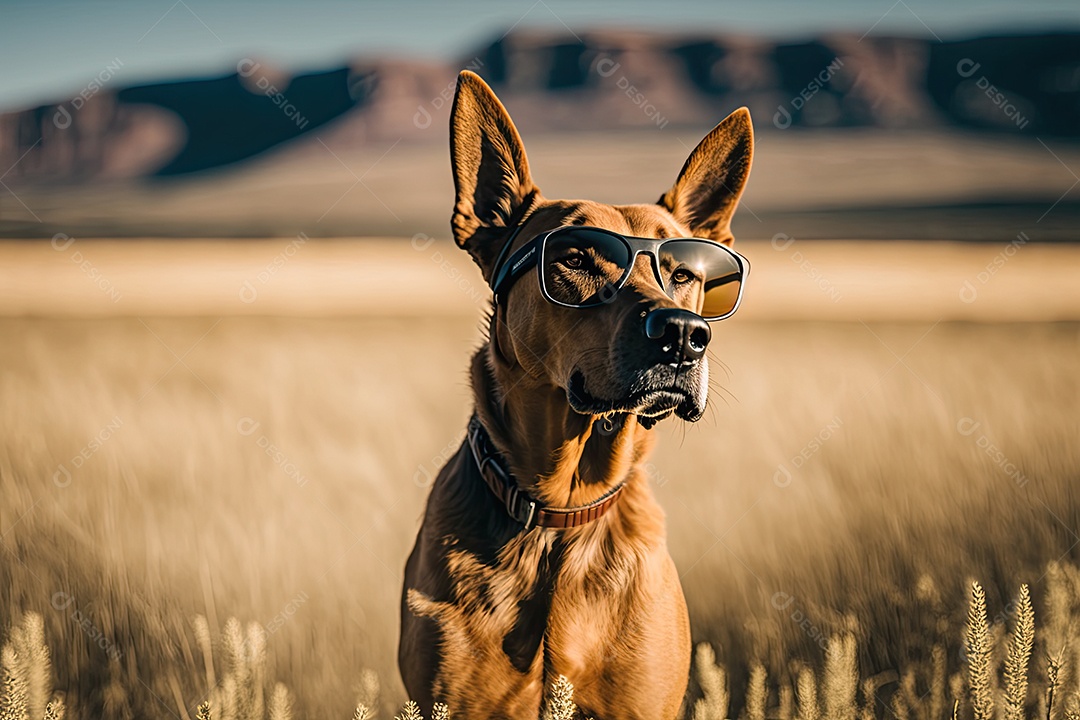 Um cachorro está parado em um jardim, usando um par de óculos de sol Oakley envolventes. O cão parece estar observando algo atentamente, mantendo sua postura ereta