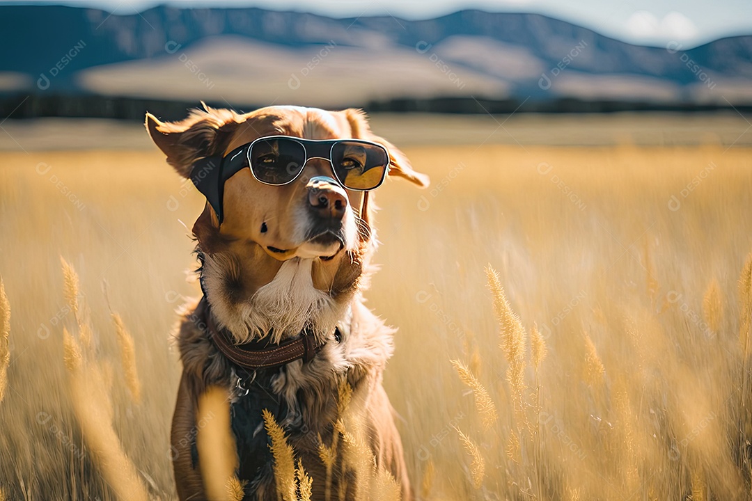 Um cachorro está parado em um jardim, usando um par de óculos de sol Oakley envolventes. O cão parece estar observando algo atentamente, mantendo sua postura ereta