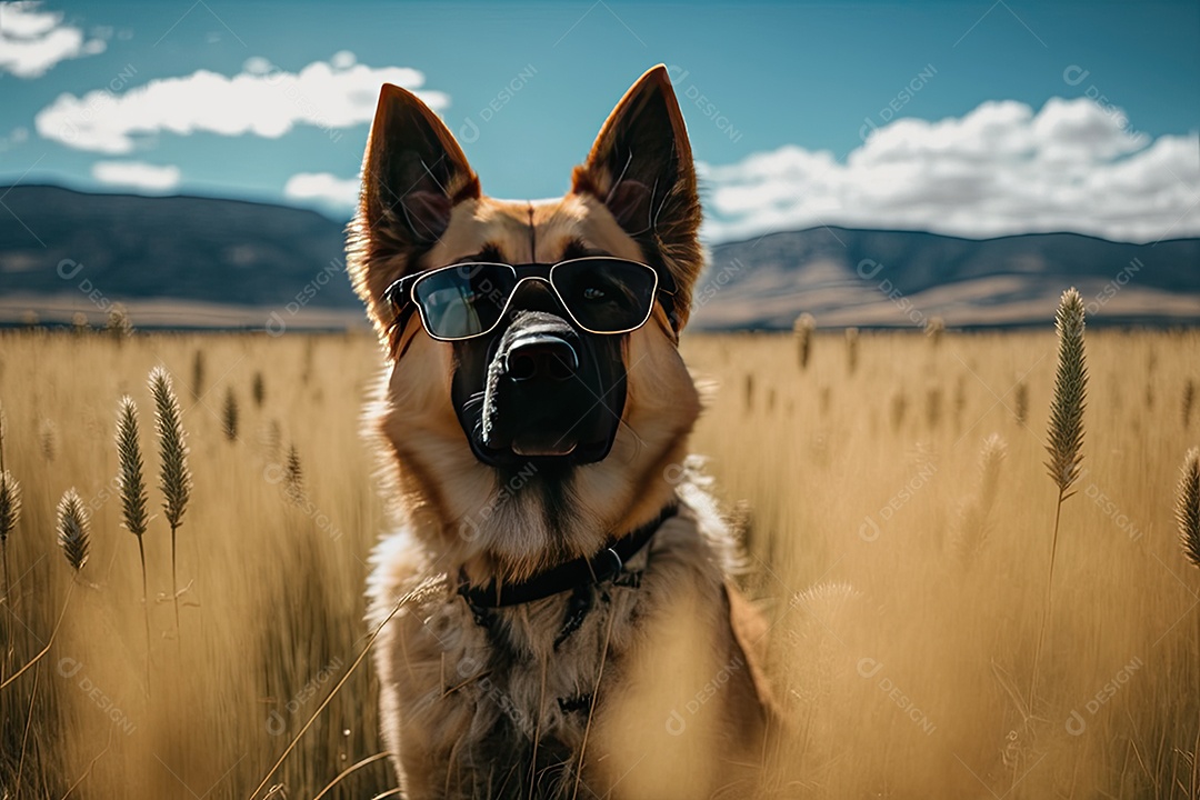 Um cachorro está parado em um jardim, usando um par de óculos de sol Oakley envolventes. O cão parece estar observando algo atentamente, mantendo sua postura ereta
