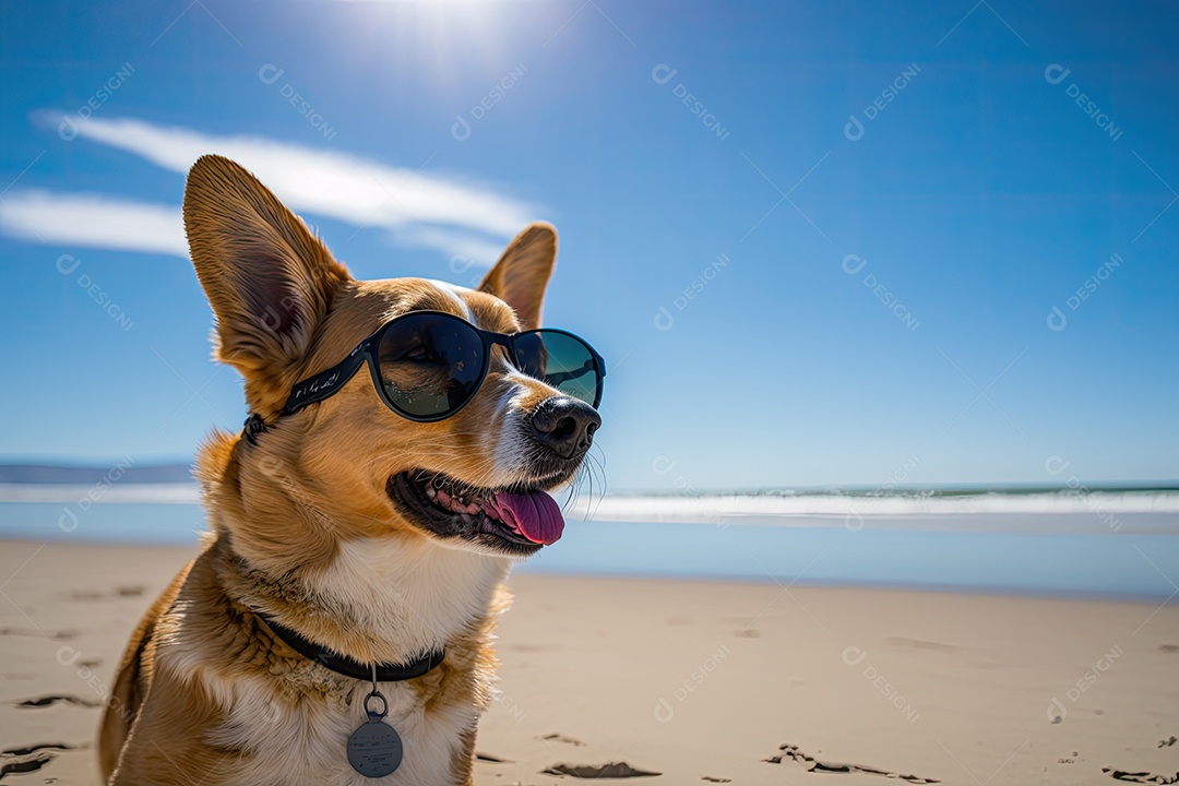 Canino descontraído aproveitando a brisa costeira em aviadores de metal