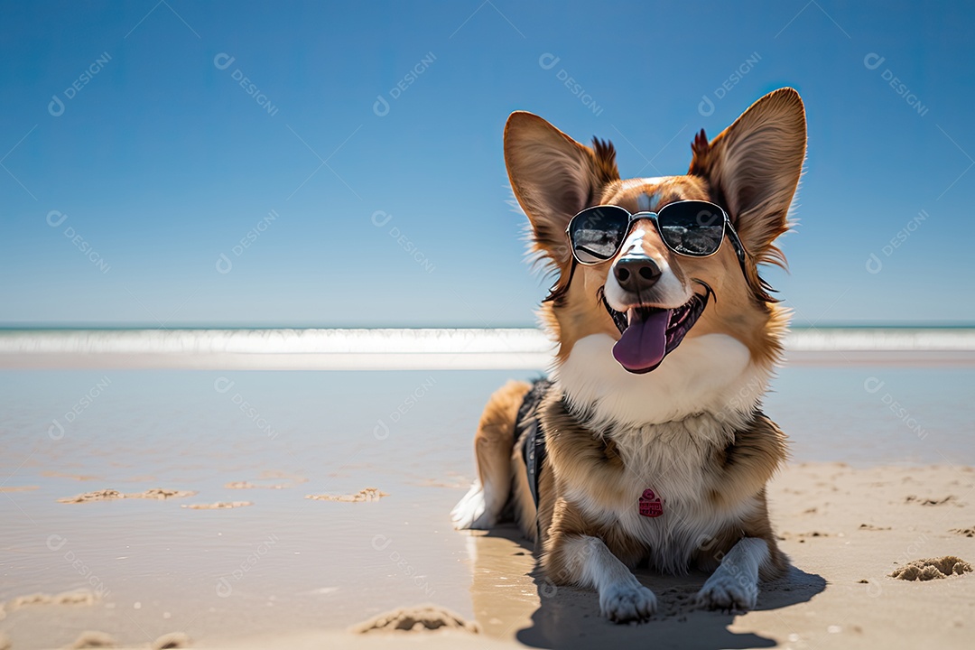 Cachorro relaxado em óculos de sol aviador clássicos passeando na praia