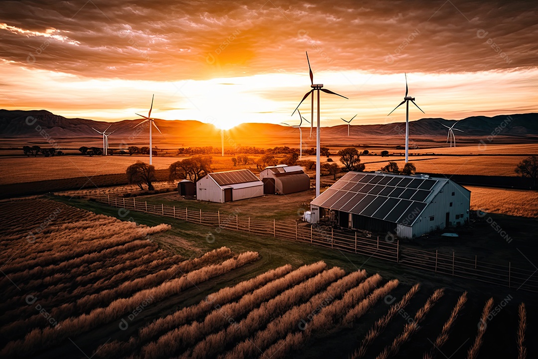 Vista aérea da Sunset Farm com painéis solares e turbinas eólicas