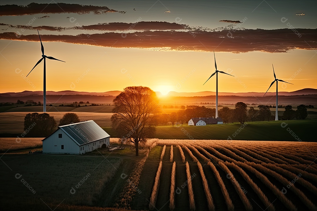 Fazenda de energia renovável ao entardecer com painéis solares e turbina eólica