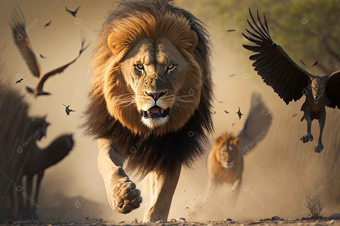 Leão no Modo de Batalha com Olhar Perfurante e Garras Expostas