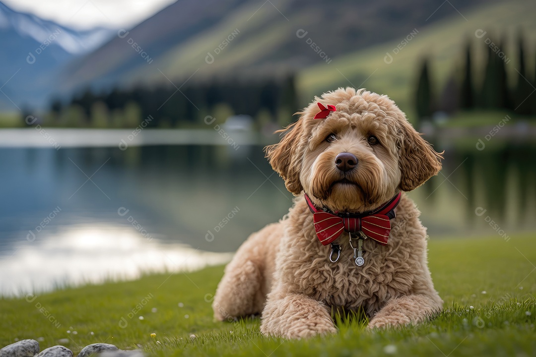 Cachorro fofo fofo com laço vermelho no gramado verde exuberante