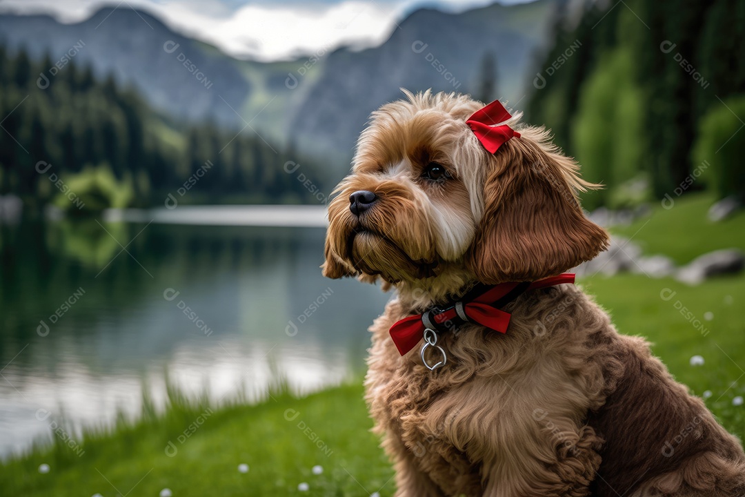 Adorável cão de raça desconhecida com pata levantada e coleira marrom