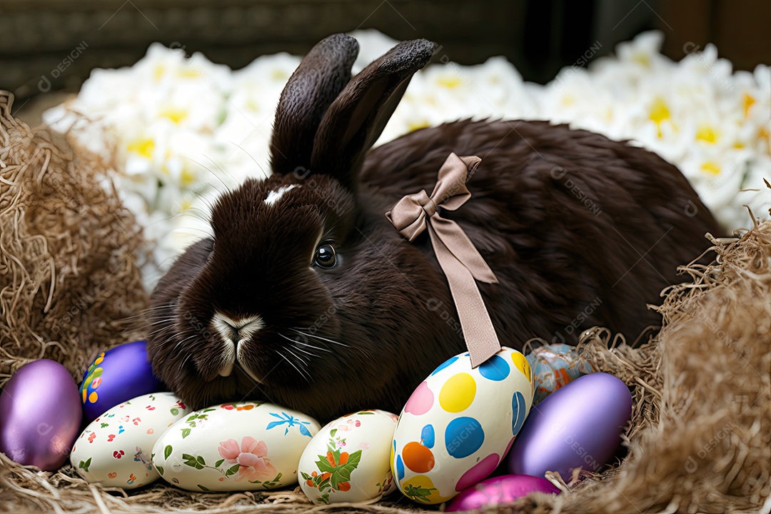 Coelhinho fofo fofo da Páscoa cercado por ovos de chocolate