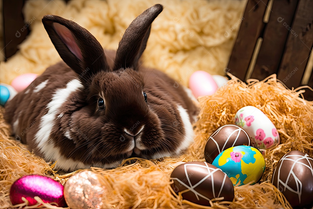 Coelho relaxante com laço de fita vermelha e flor de palha decorada
