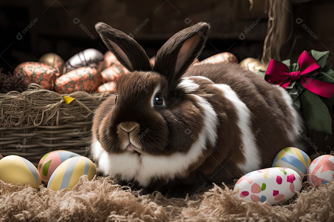 Coelho aconchegante aninhado em cama de palha com ovos de chocolate e alegre
