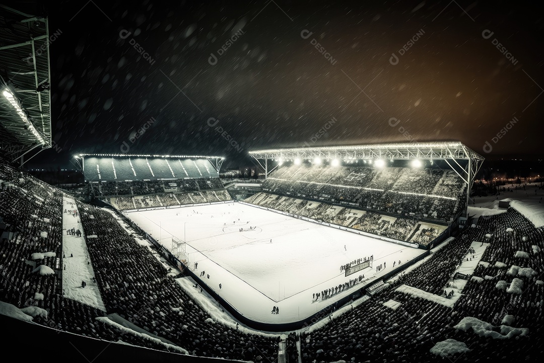 Estádio de futebol nevado com jogadores e fãs enfrentando o frio