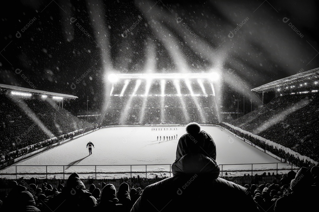 Jogo de futebol frio com Snowy Stadium e fãs agrupados