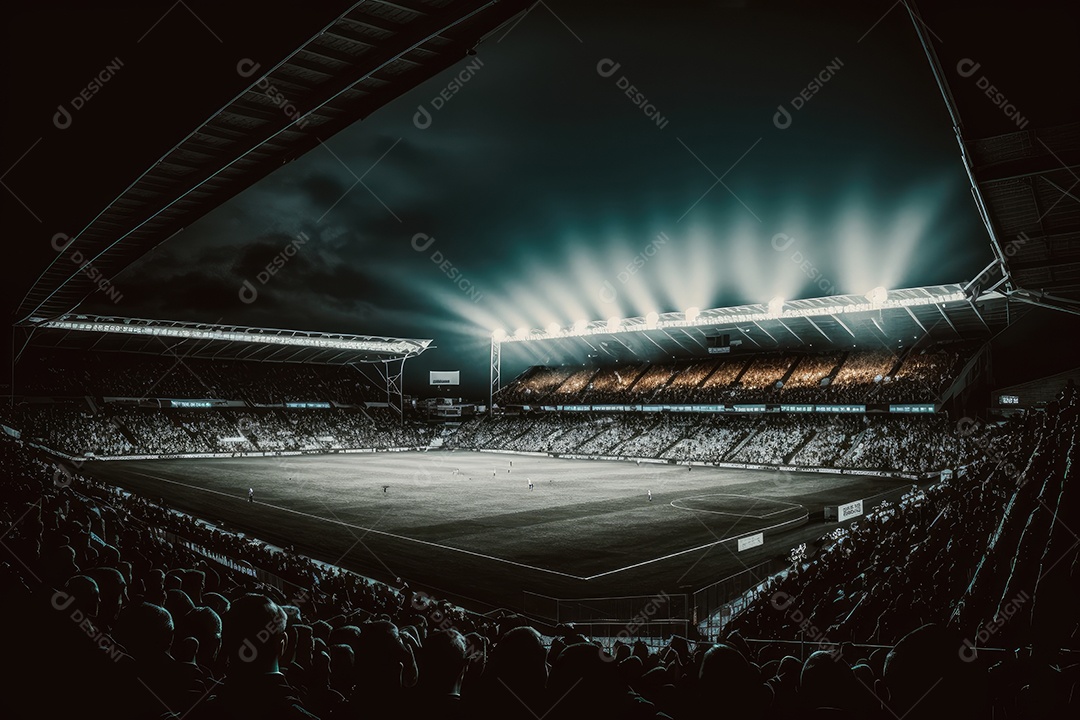 Jogo de futebol noturno com estádio iluminado e fãs entusiasmados