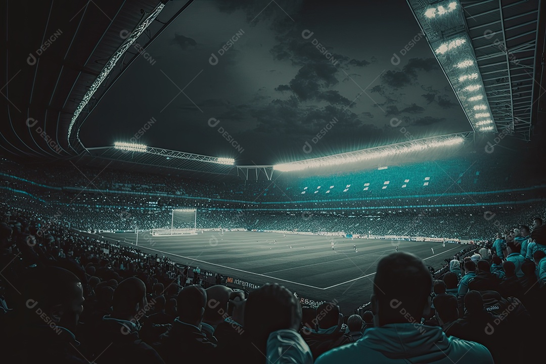 Suspense de futebol noturno com luzes brilhantes do estádio e energia