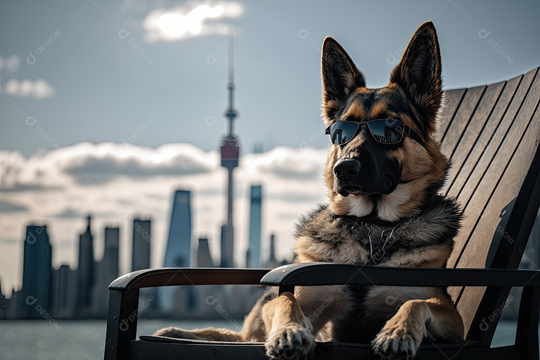 Cool canino relaxando no telhado com vista para a paisagem urbana