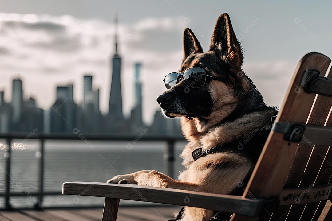 Pastor alemão de óculos escuros admirando o horizonte urbano