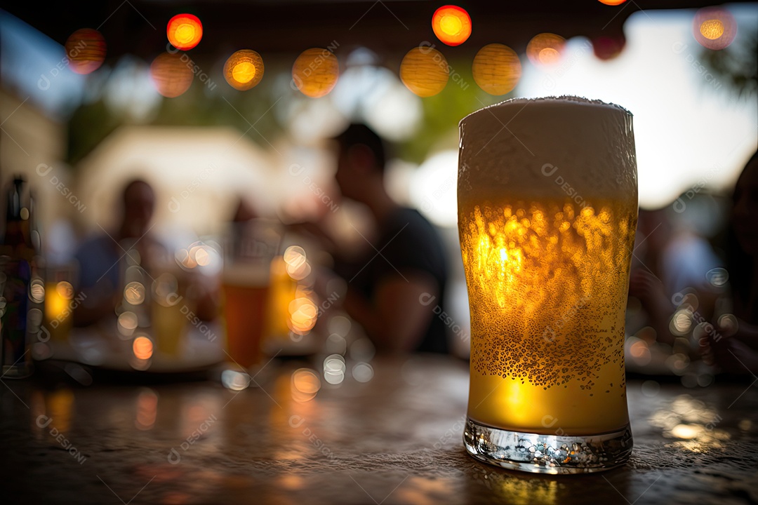 Refrescante cerveja gelada com espuma espumosa na mesa de vidro