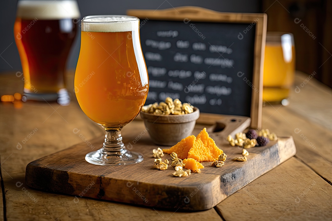Cerveja artesanal e mordidas na mesa de madeira rústica