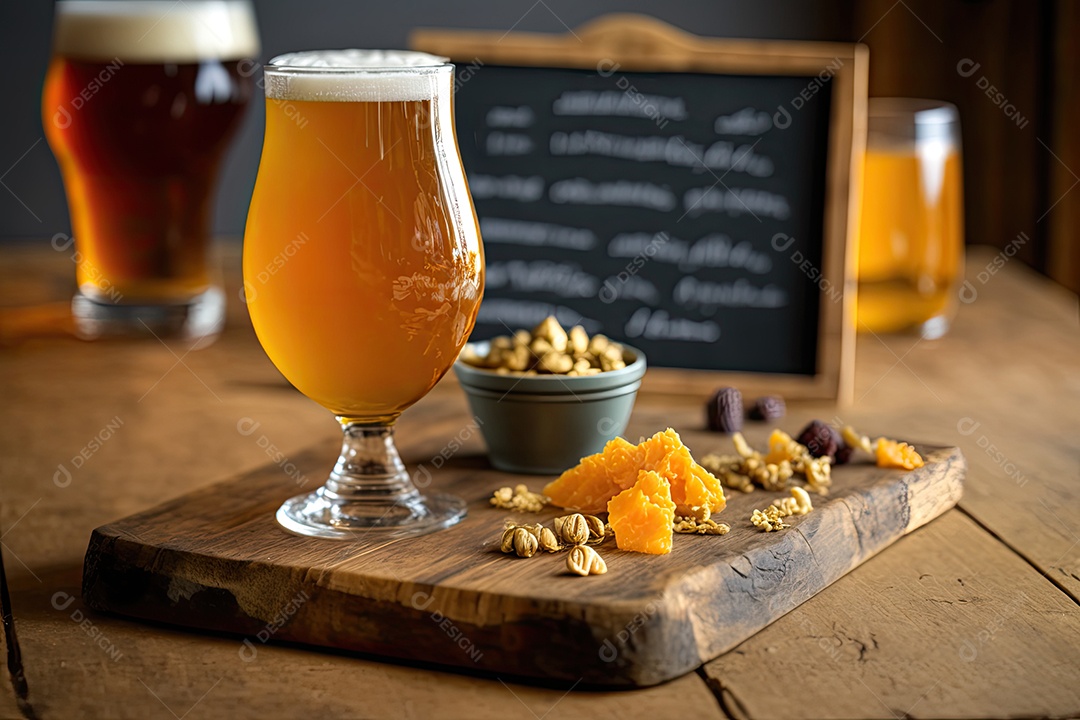 Copo meio cheio de cerveja artesanal dourada com petiscos apetitosos