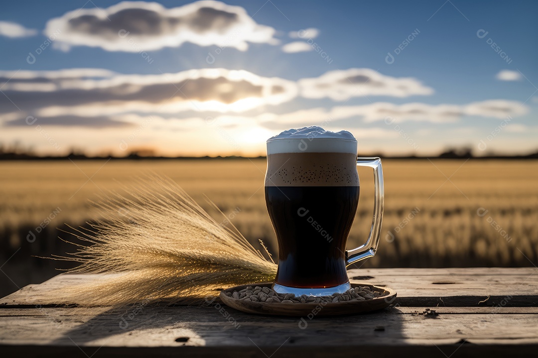 Cerveja escura com espuma cremosa na bandeja de madeira entre grãos de trigo