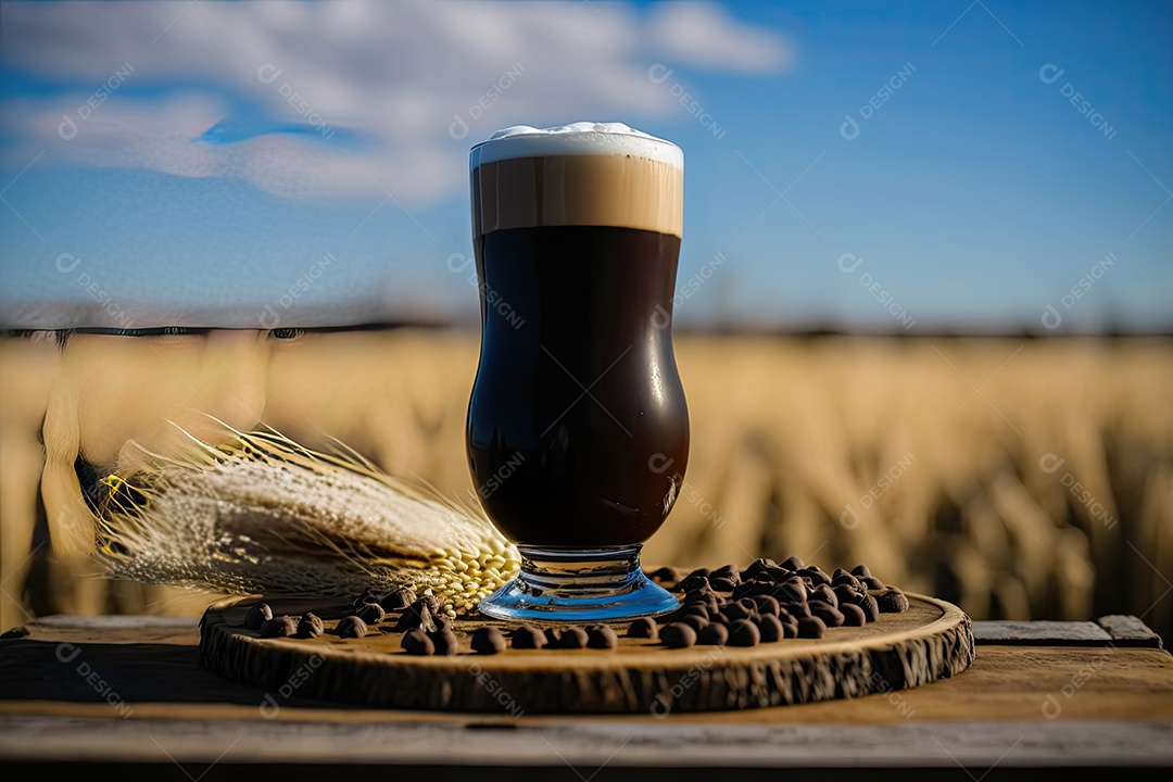 Pint of Dark Beer na bandeja de madeira em meio a campos de trigo rústicos