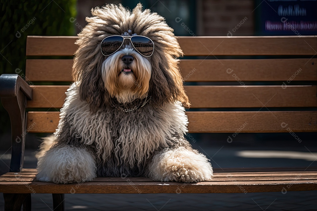 Cachorro peludo superlegal no banco usando óculos escuros de aviador