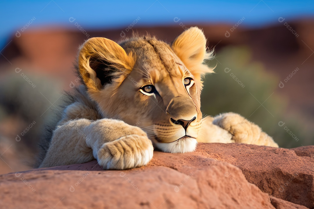 Lindo filhote de leão tirando uma soneca em uma rocha com fundo verde cênico