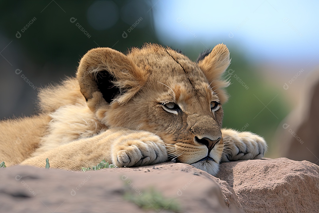 Filhote de leão relaxando na rocha com paisagem verde serena