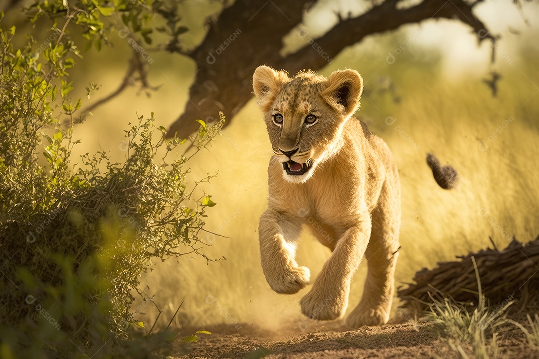 Animado filhote de leão pulando e correndo na savana