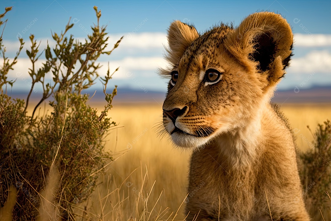 Curioso filhote de leão em pé na savana verdejante, olhando para dentro