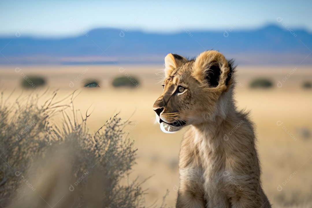 Filhote de leão com juba marrom-avermelhada e pêlo amarelo claro olhando para dentro