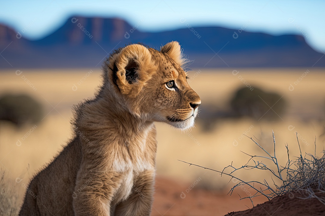 Filhote de leão curioso observando o horizonte através de um amplo e exuberante