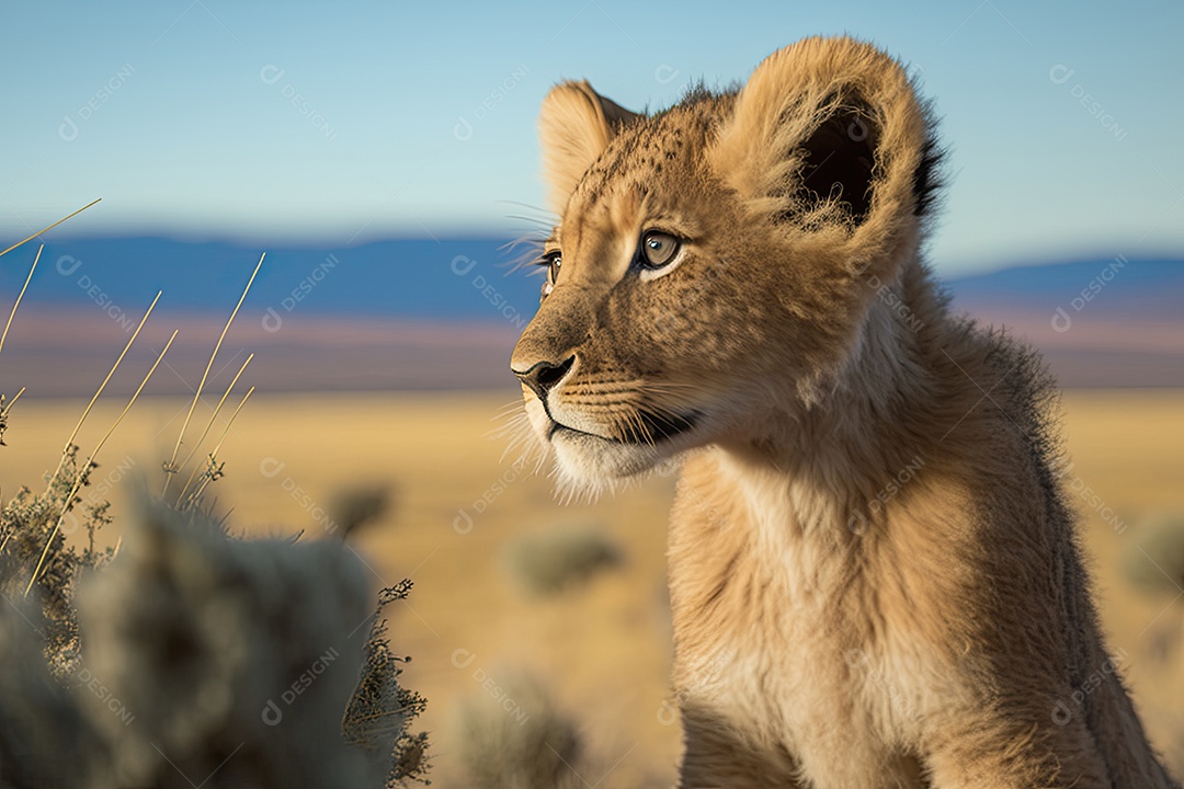 Filhote de leão com expressão curiosa em pé na savana