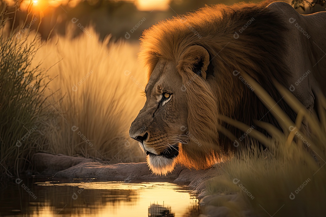 Leão majestoso bebendo de um córrego cristalino ao pôr do sol