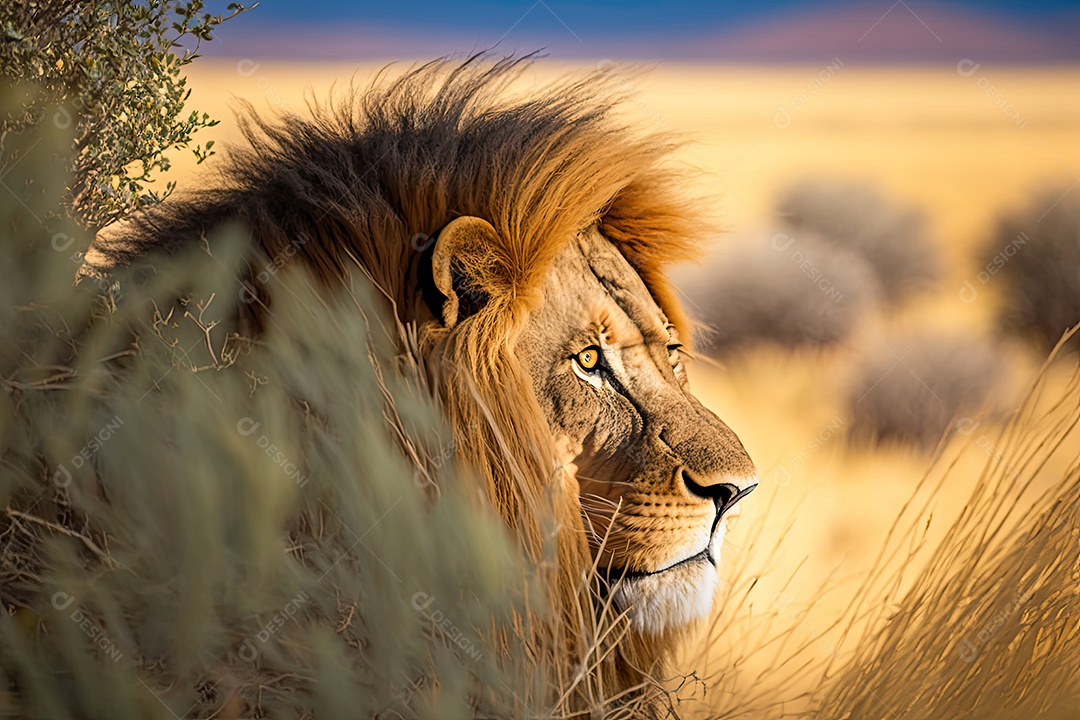 Leão poderoso em postura de emboscada, pronto para atacar