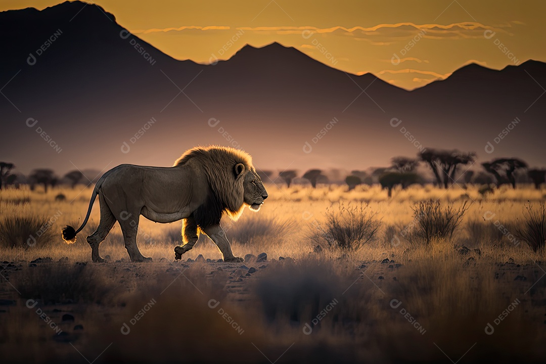 Leão real caminhando pela savana, juba balançando ao sol