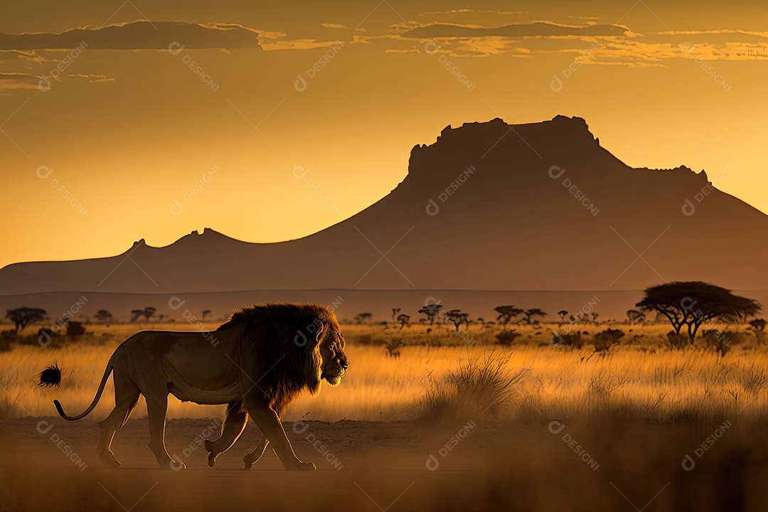 Leão percorrendo a savana com dignidade e graça