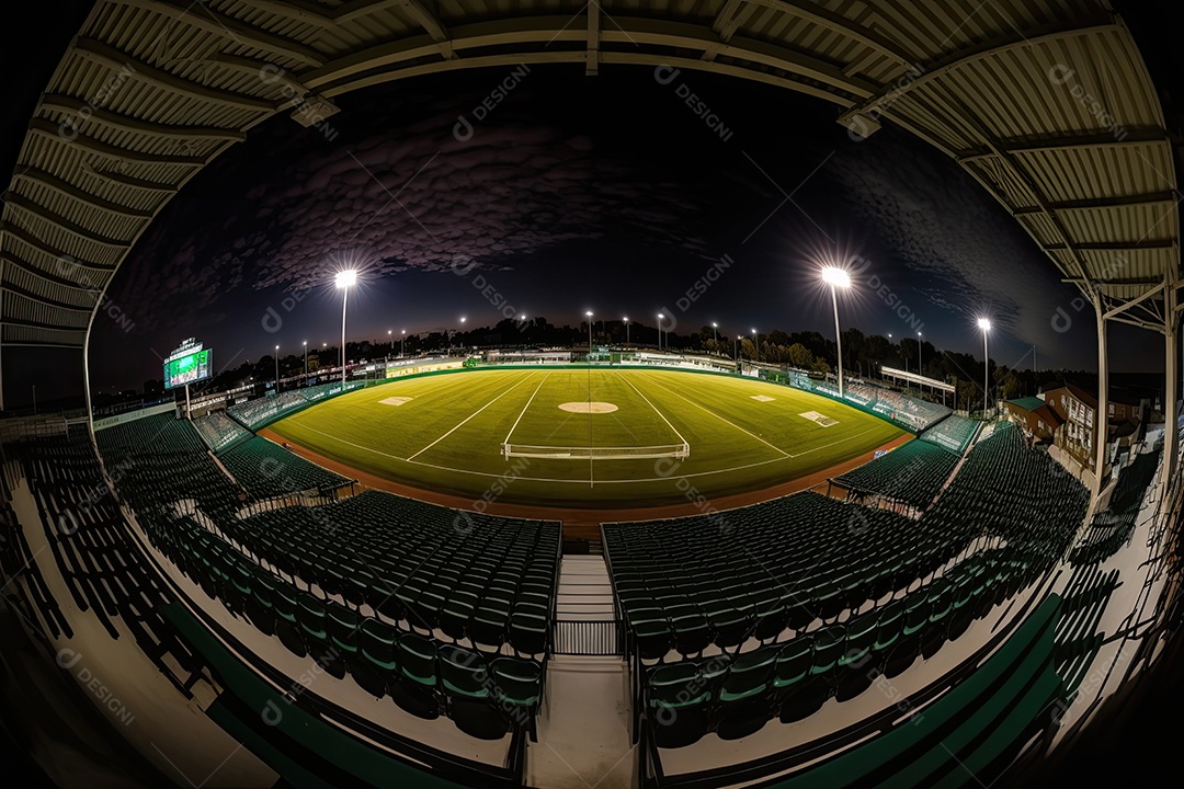 Vista aérea do estádio com luzes e torcedores prontos para o jogo noturno